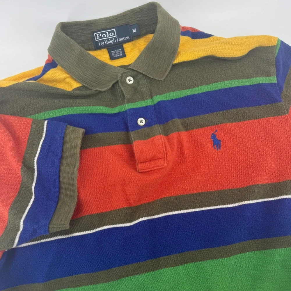 Polo Ralph Lauren Mens Medium Multi Color Striped Pique Cotton Polo Shirt